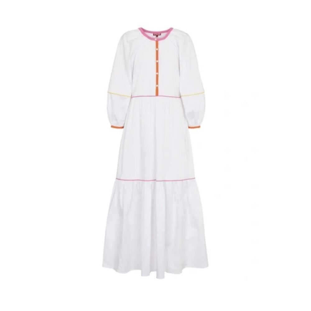 STAUD Demi Dress Womens White PoplinβRainbow Stitching Maxi Tiered Cotton Medium - Picture 2 of 10